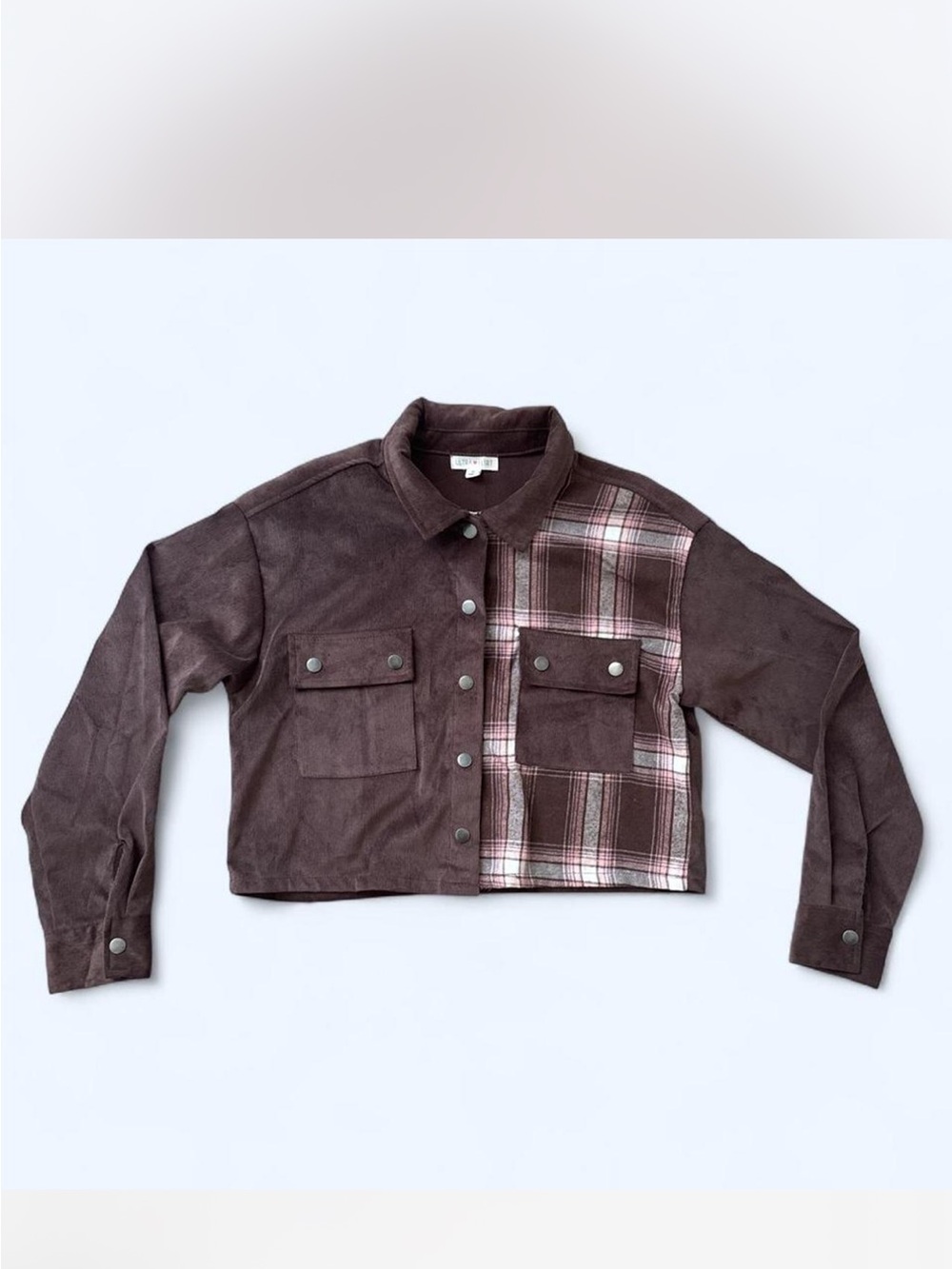 Ultra Flirt Brown Corduroy Plaid Shirt Jacket with Pink Stripe